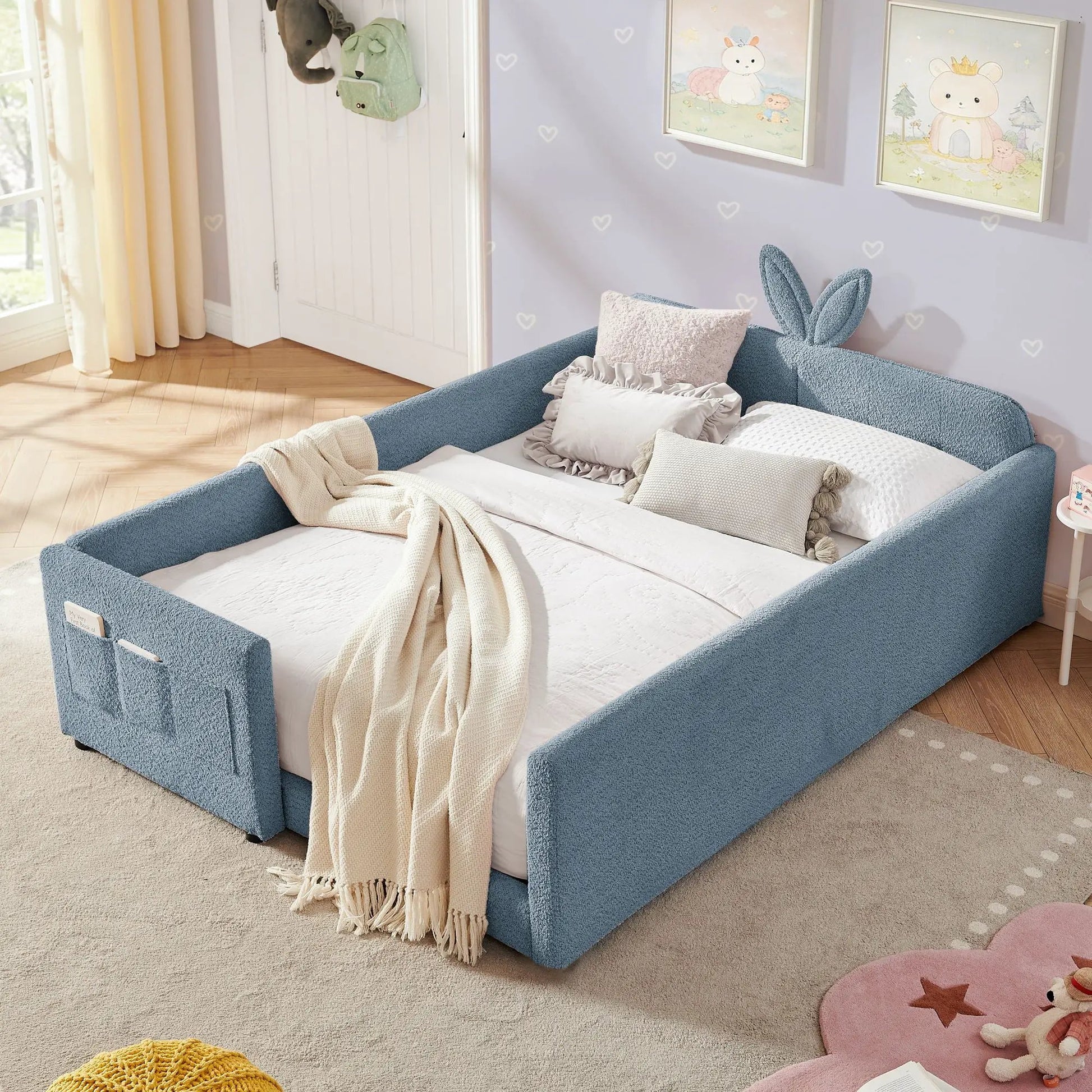 Cute Rabbit Ear Upholstered Platform Bed Frame With Safety Rail blue by Unique Piece Furniture on Tampa Home & Garden Store