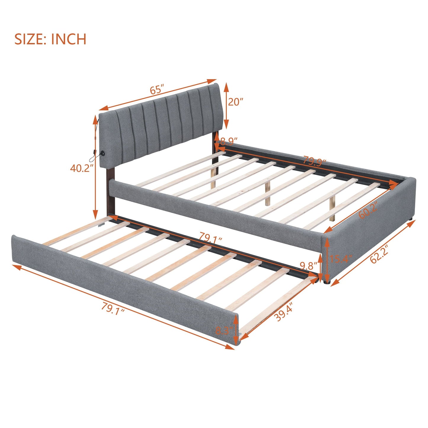 Upholstered platform bed with pull-out trundle in gray fabric by HouseOfZazla slatted base on Tampa Home & Garden Store