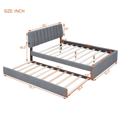 Upholstered platform bed with pull-out trundle in gray fabric by HouseOfZazla slatted base on Tampa Home & Garden Store