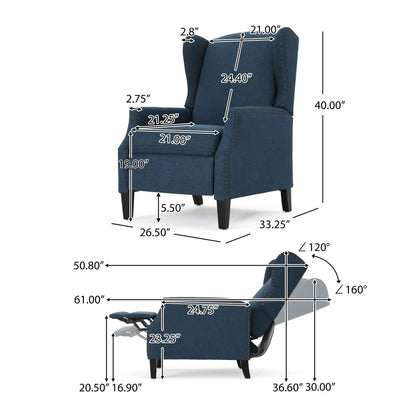 Westeros Wingback Recliner in blue fabric with nailhead trim by Unique Piece Furniture on Tampa Home & Garden Store