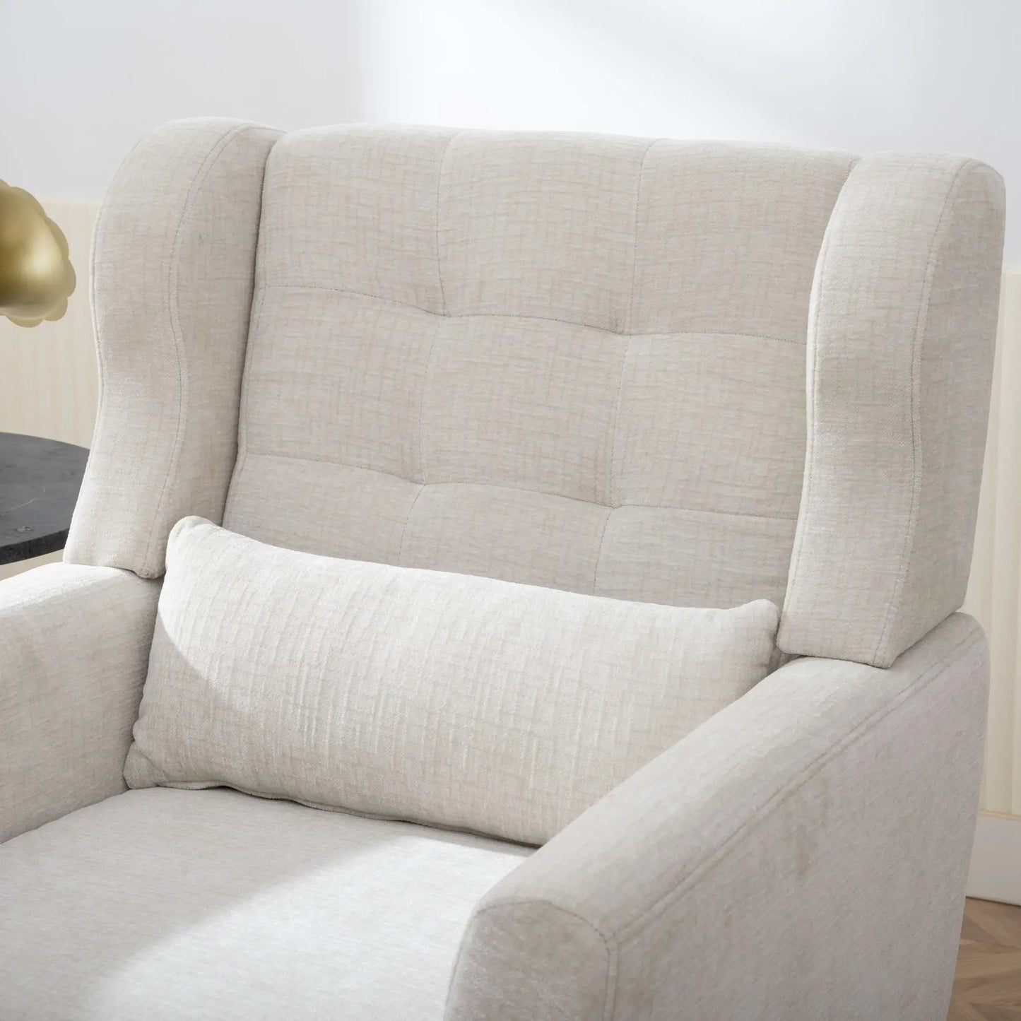 Mid-century modern accent chair in light beige fabric with foam-filled cushions and tufted back on Tampa Home & Garden Store
