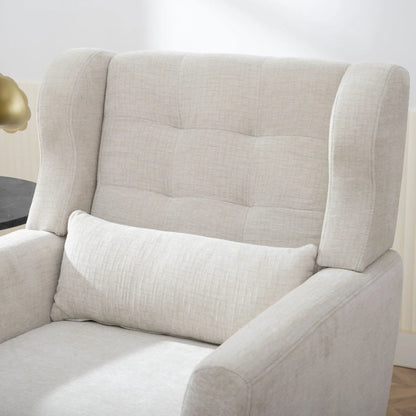 Mid-century modern accent chair in light beige fabric with foam-filled cushions and tufted back on Tampa Home & Garden Store