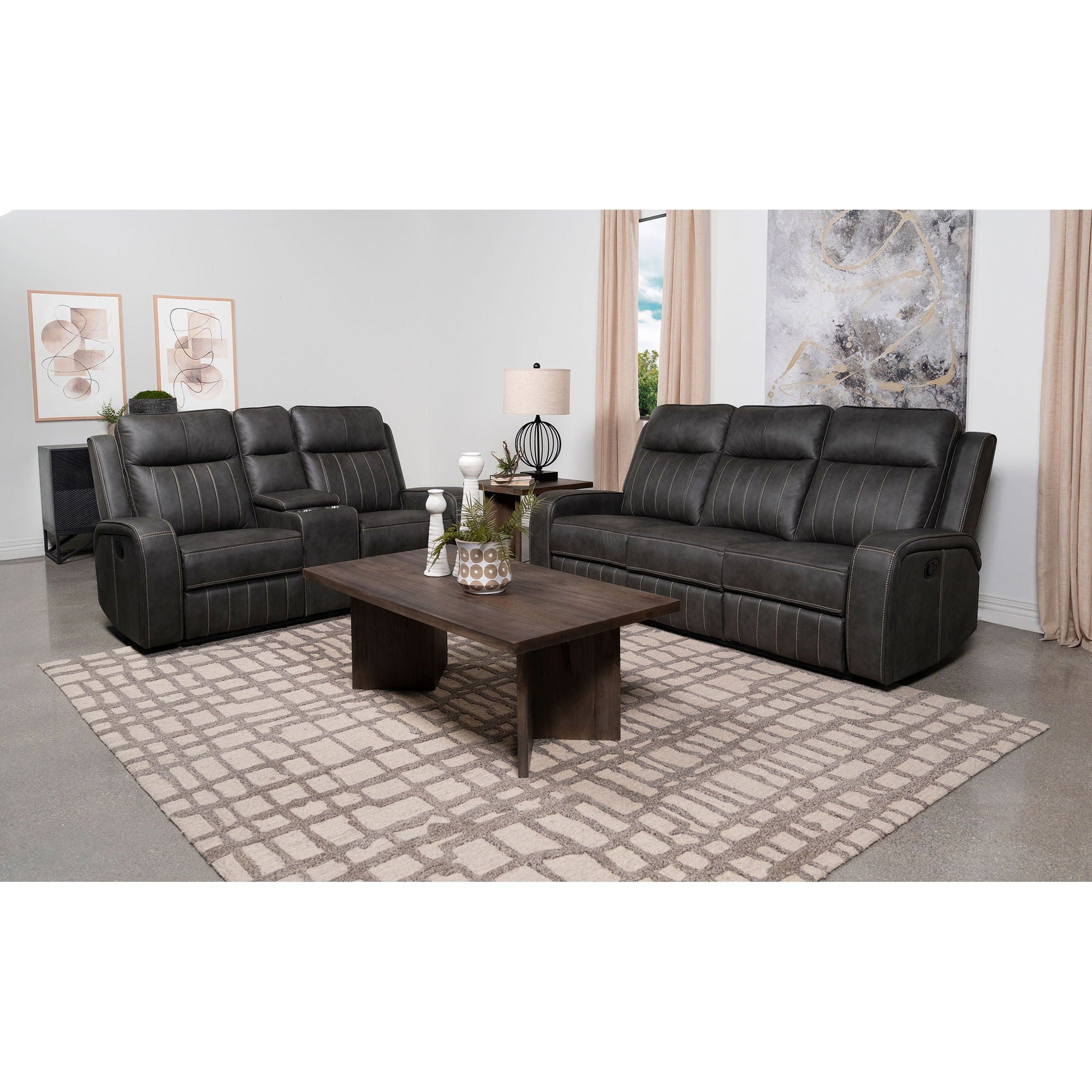 Forrest 2pc motion reclining sofa set in gray leather with contrast stitching on Tampa Home & Garden Store
