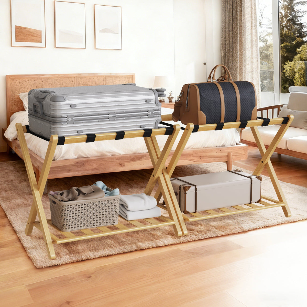 Folding Bamboo Luggage Rack with Storage Shelf, two suitcases on frame by HouseOfZazla on Tampa Home & Garden Store