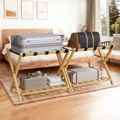 Folding Bamboo Luggage Rack with Storage Shelf, two suitcases on frame by HouseOfZazla on Tampa Home & Garden Store