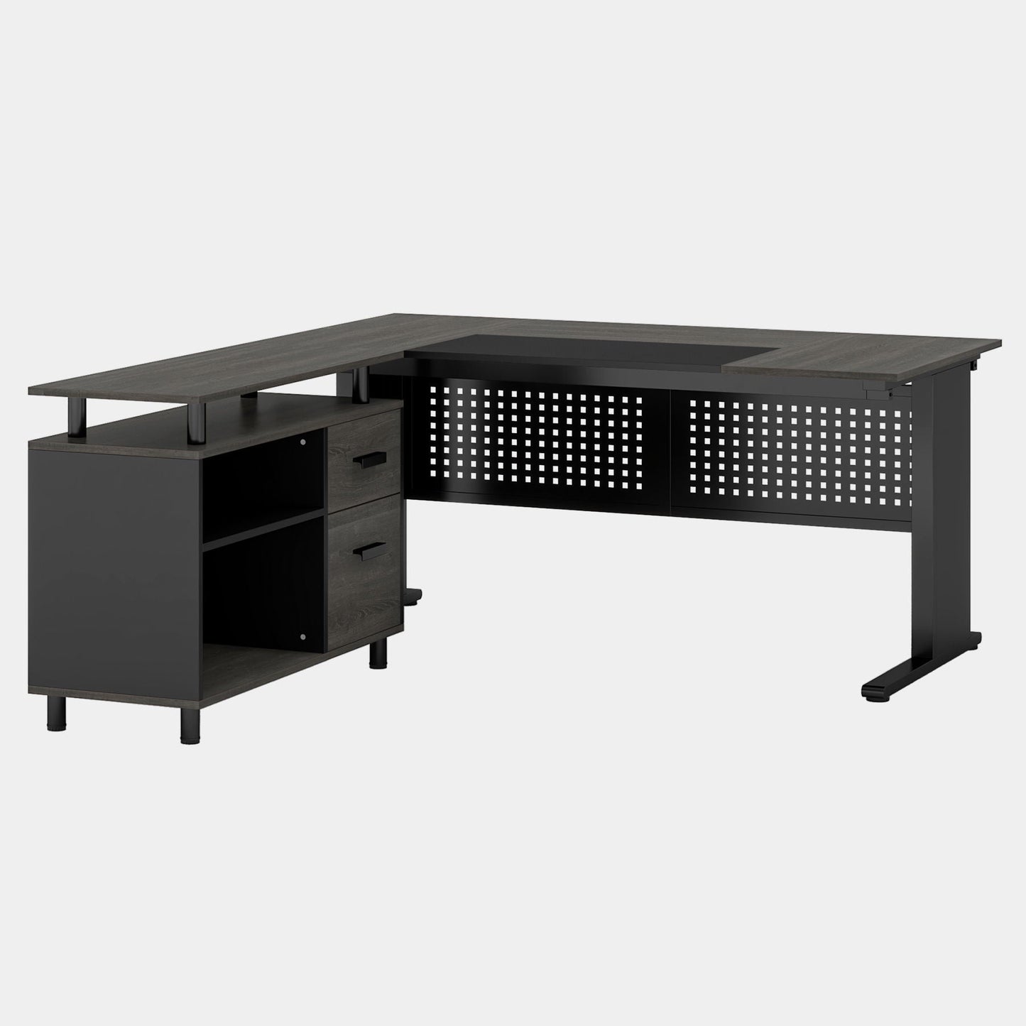 L-Shaped executive desk with file cabinet and storage shelves in dark wood grain and black metal on Tampa Home & Garden Store