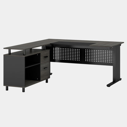 L-Shaped executive desk with file cabinet and storage shelves in dark wood grain and black metal on Tampa Home & Garden Store