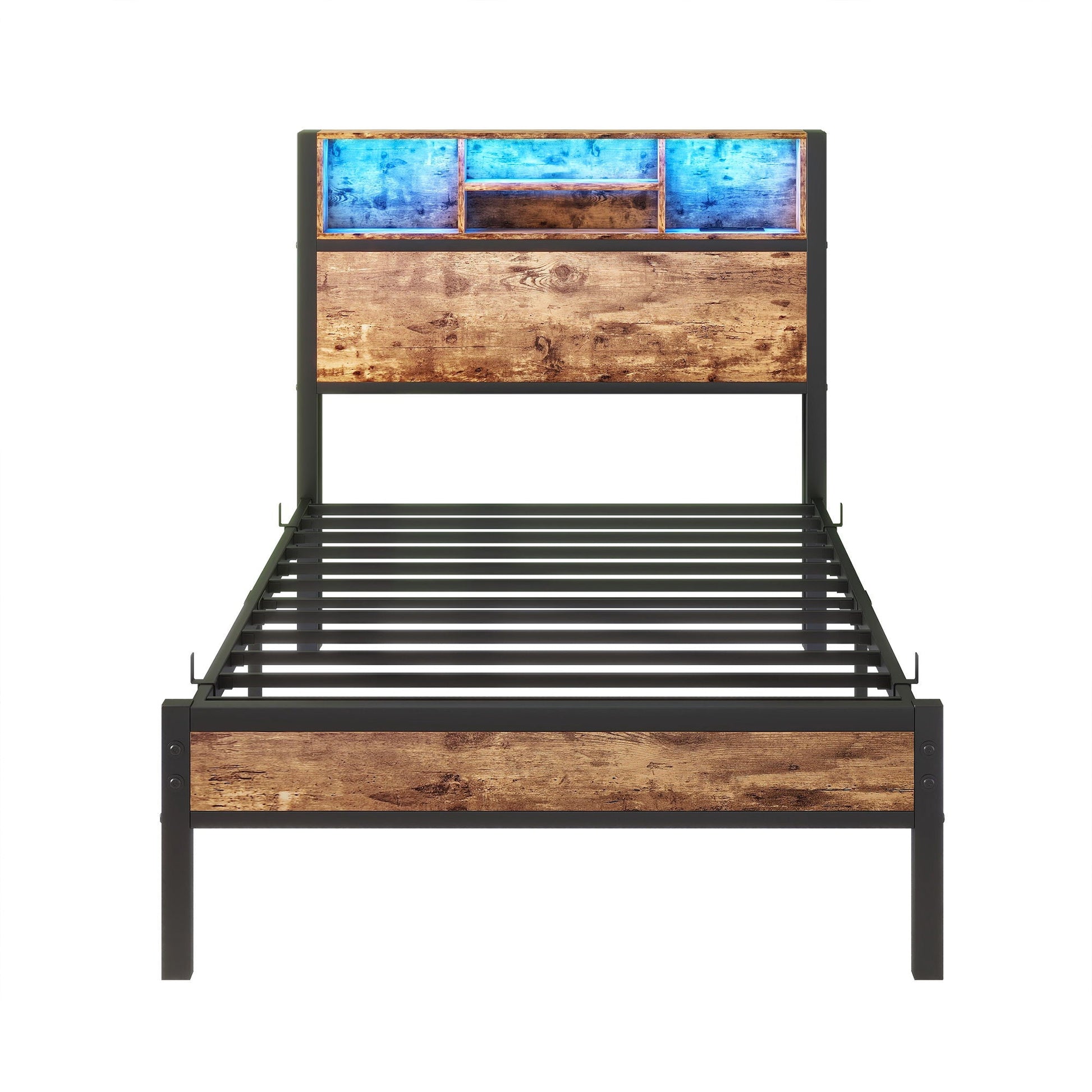 Modern twin metal platform bed frame with storage headboard brown on Tampa Home & Garden Store