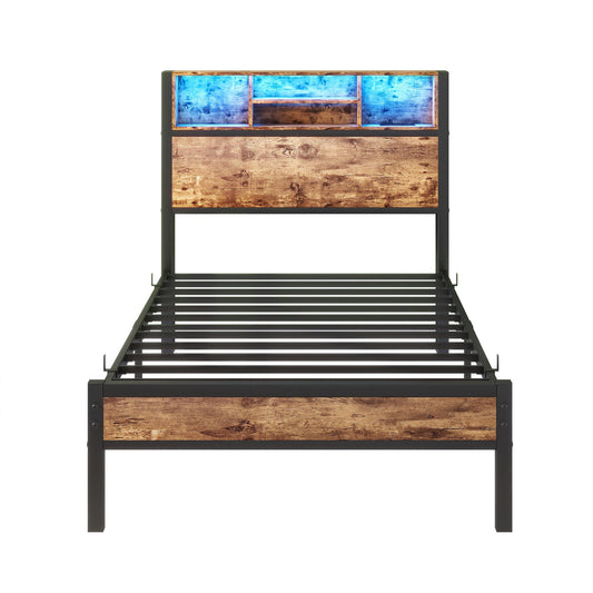 Modern twin metal platform bed frame with storage headboard brown on Tampa Home & Garden Store