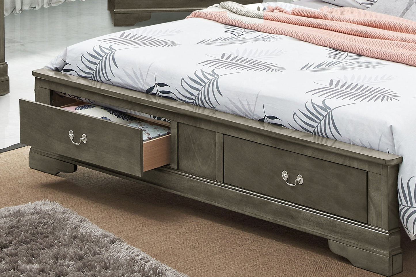 Upholstered Panel Sleigh Bed with storage drawers in a gray wood finish on Tampa Home & Garden Store