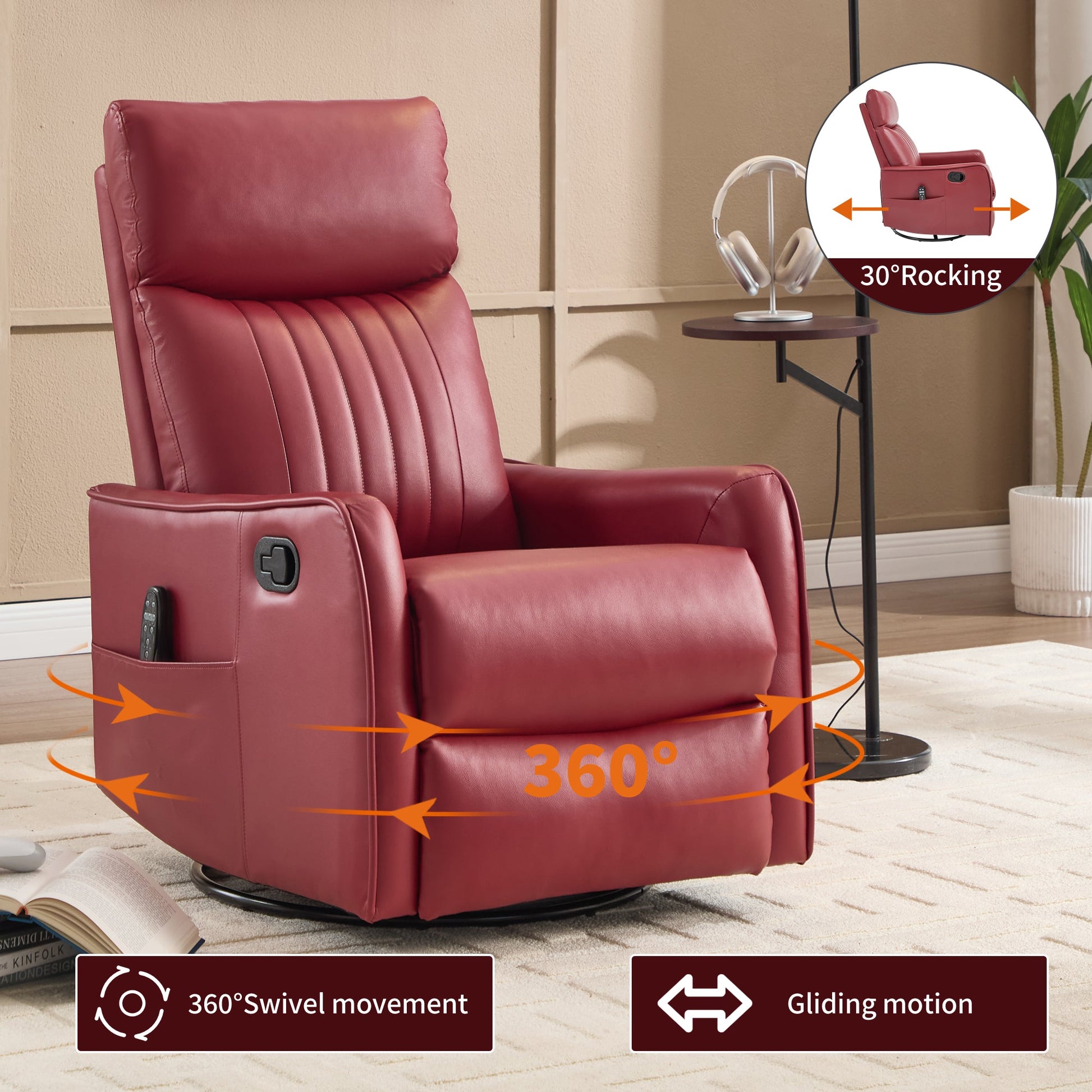 Red faux leather heat massage manual recliner chair with 360° swivel and 30° rocking on Tampa Home & Garden Store