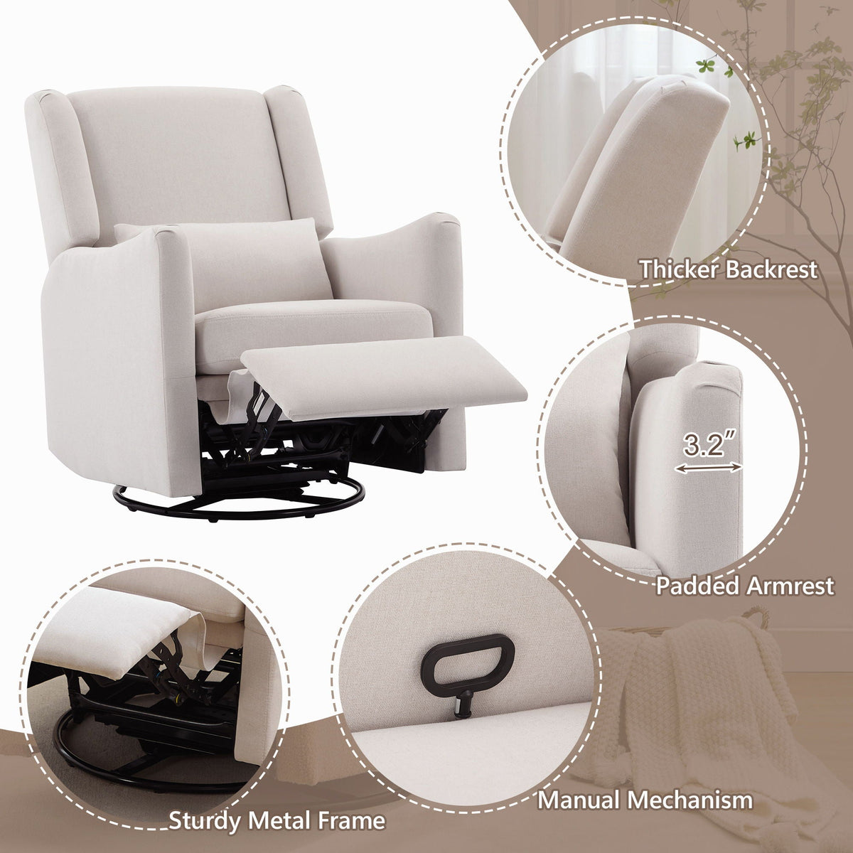 Wide Wingback Swivel Glider And Recliner