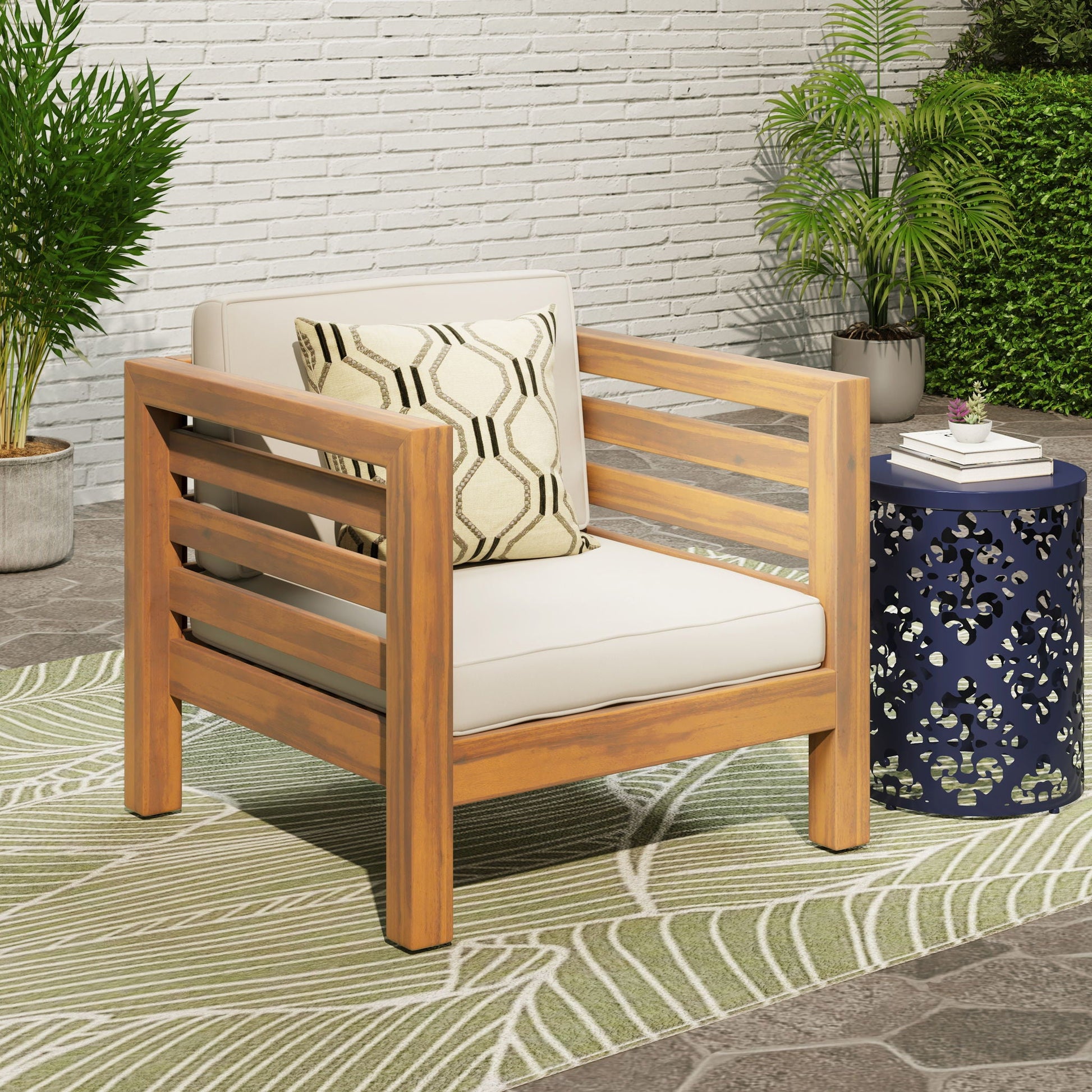 Outdoor Acacia Wood Patio Arm Chair With Cream Fabric Cushion by HouseOfZazla on Tampa Home & Garden Store