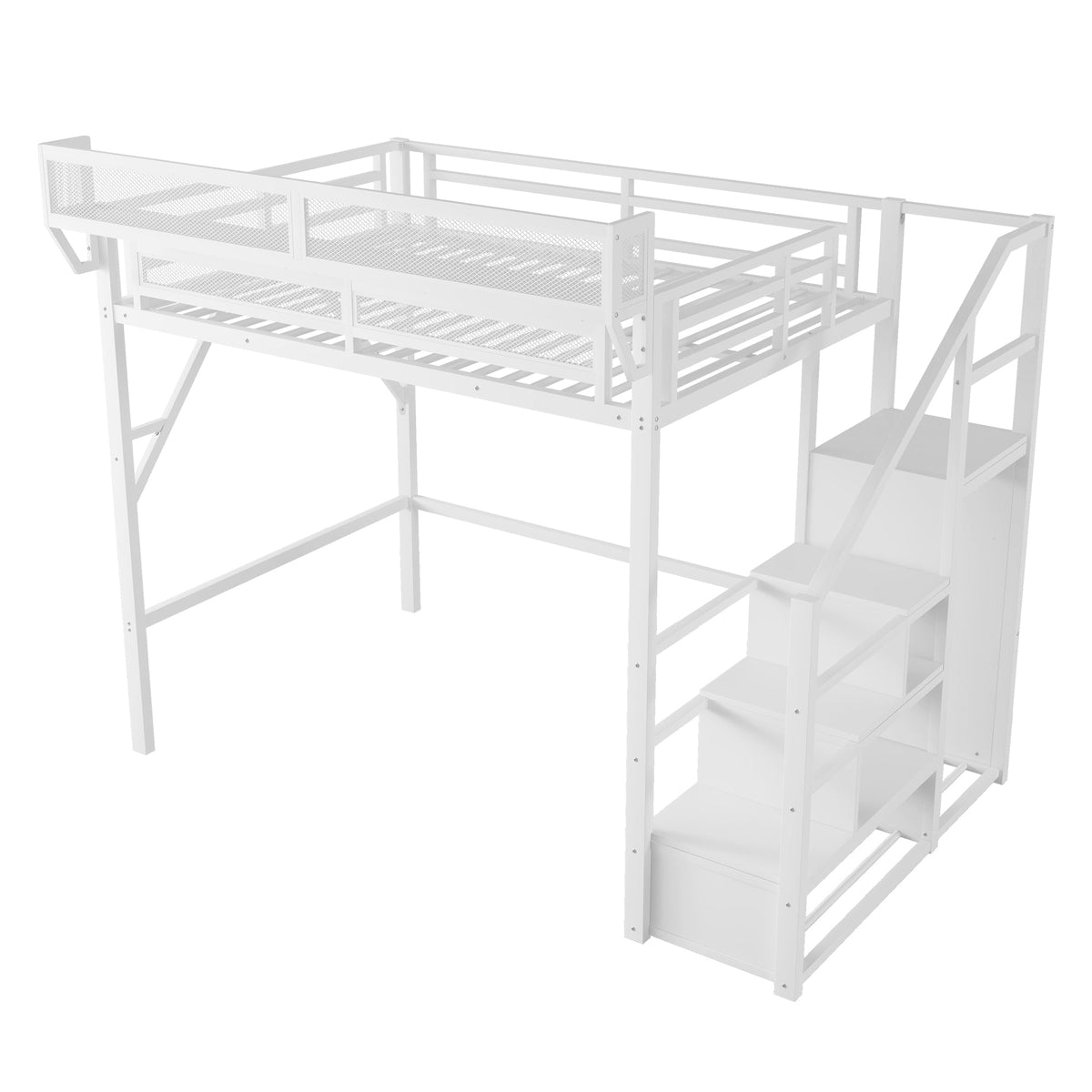Full size loft bed with stairs and storage shelves in white metal by HouseOfZazla on Tampa Home & Garden Store