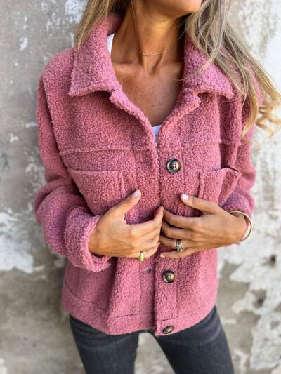 Pink fuzzy button-up jacket with drop shoulders and pockets by Stevvex on Tampa Home & Garden Store