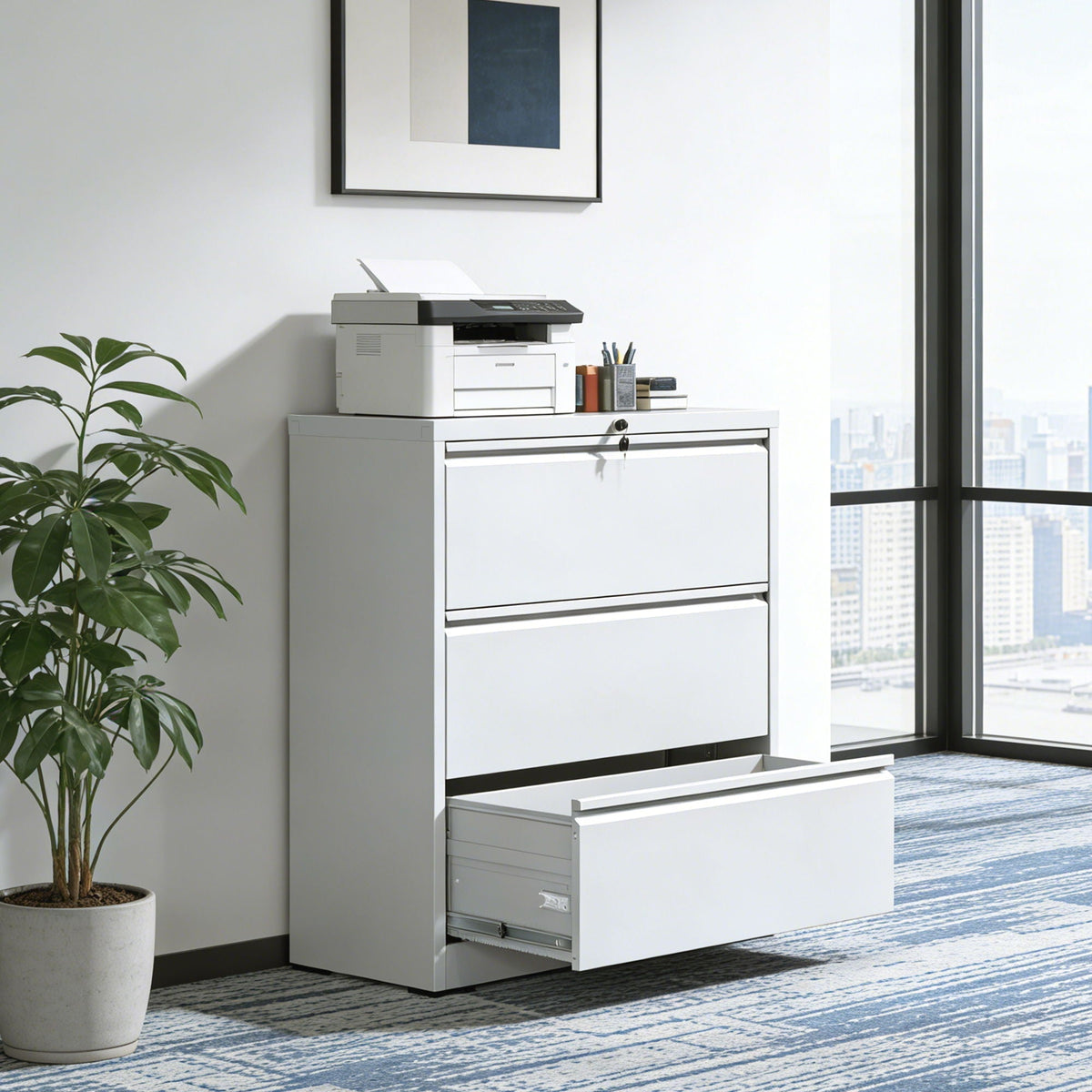 Lateral file cabinet white metal locking heavy‑duty by HouseOfZazla with a printer on top in a modern office on Tampa Home & Garden Store