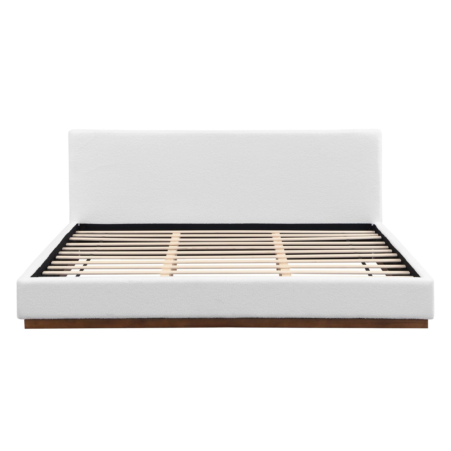 Elegant boucle upholstered bed with white headboard and wood grain textured solid wood base frame on Tampa Home & Garden Store