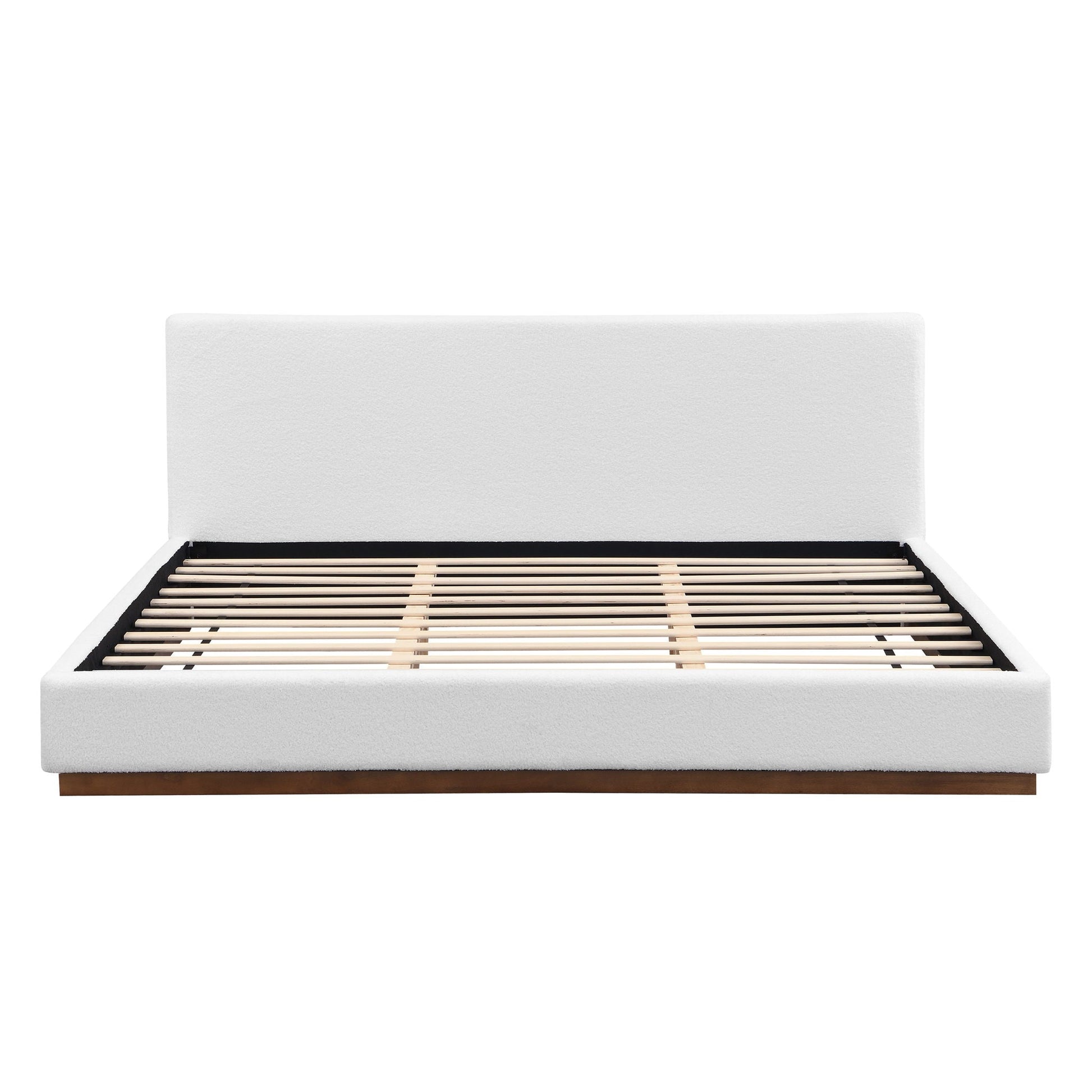 Elegant boucle upholstered bed with white headboard and wood grain textured solid wood base frame on Tampa Home & Garden Store