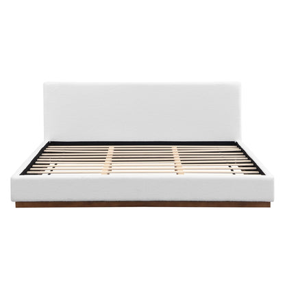 Elegant boucle upholstered bed with white headboard and wood grain textured solid wood base frame on Tampa Home & Garden Store