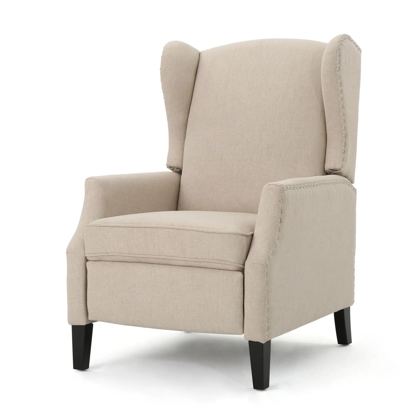 Westeros Wing Back Fabric Upholstered Recliner beige fabric with nailhead trim on Tampa Home & Garden Store