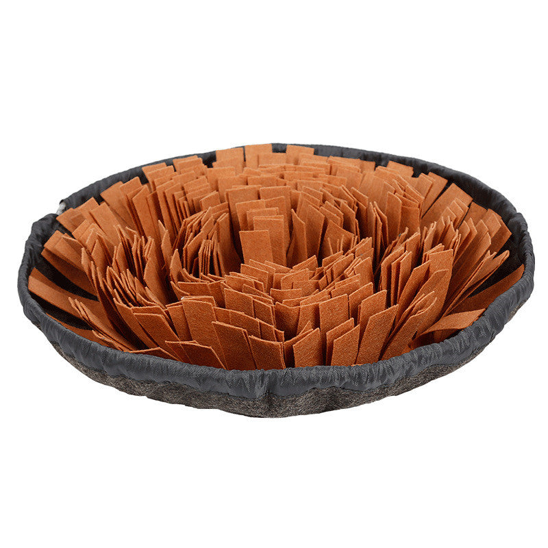 Dog snuffle mat round puzzle toy with brown felt fringe and black edge on Tampa Home & Garden Store