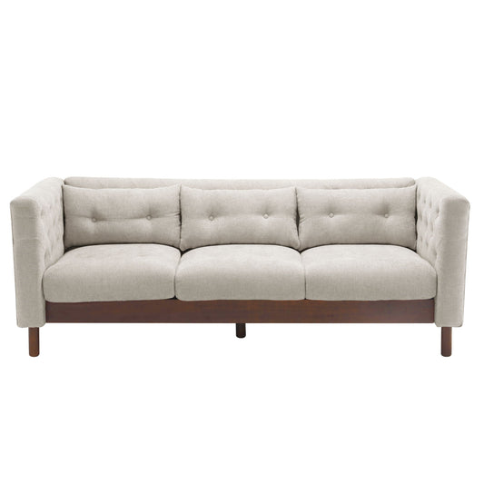 Upholstered 3-seater sofa in beige with tufted cushions and wooden legs on Tampa Home & Garden Store
