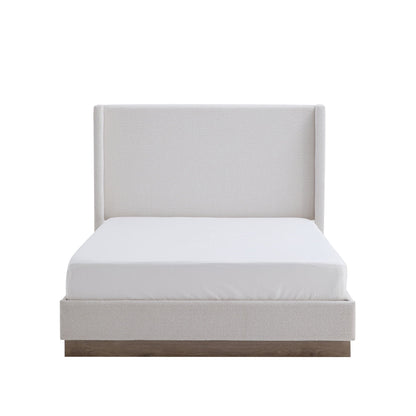 Upholstered bed Hosford minimalist wingback with wood base platform in beige fabric HouseOfZazla on Tampa Home & Garden Store