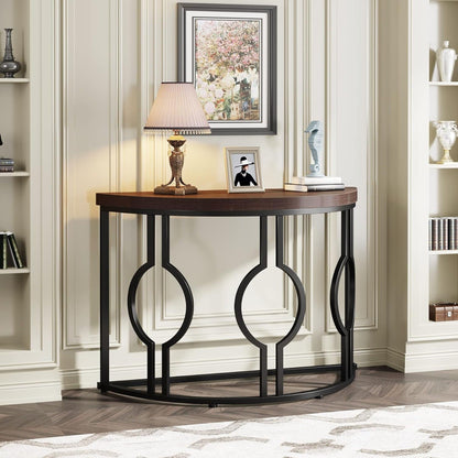 Half Moon Console Table with Geometric Black Metal Base and Rustic Brown Wood Top on Tampa Home & Garden Store
