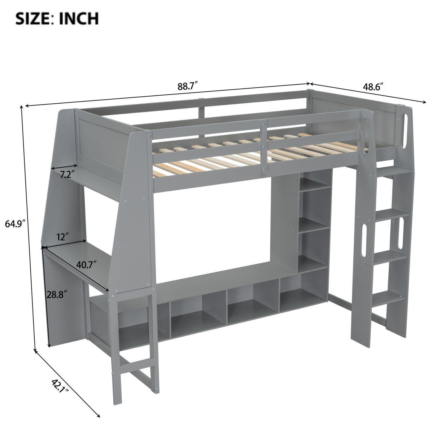 Gaming loft bed with desk, LED lighting and a hanging clothes rack with gray metal frame on Tampa Home & Garden Store