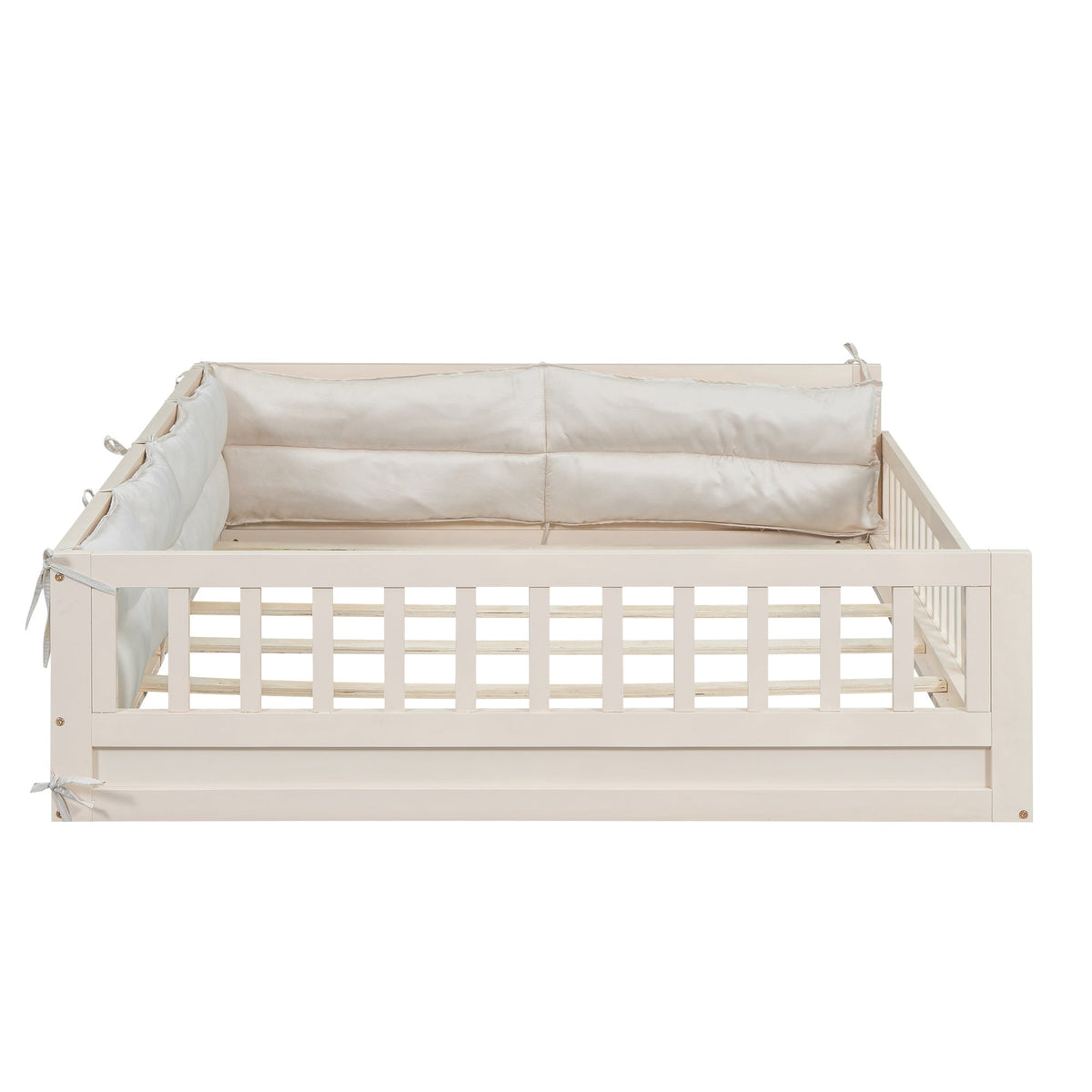 HouseOfZazla wood full-size upholstered platform bed with beige pillows and guardrail on Tampa Home & Garden Store