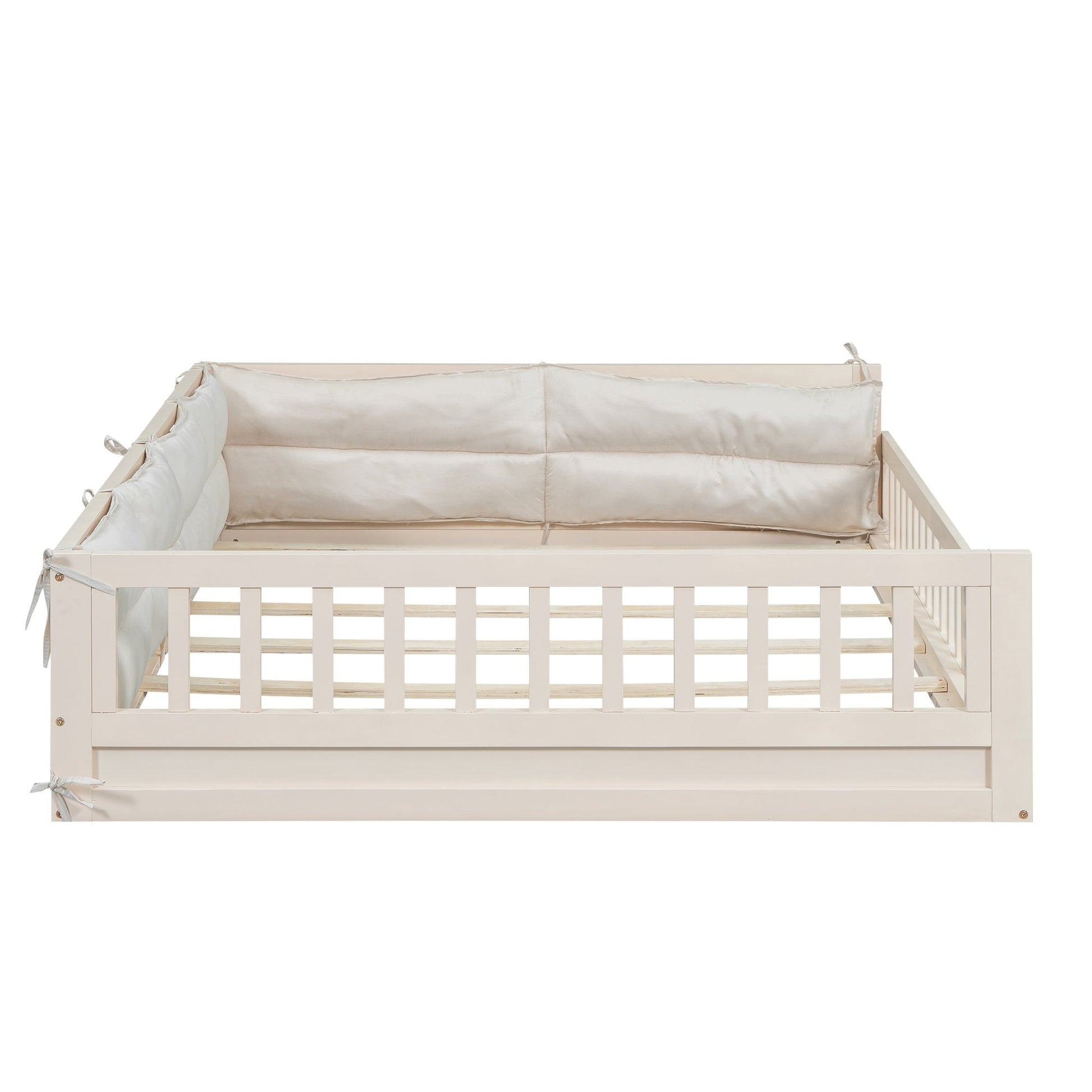 HouseOfZazla wood full-size upholstered platform bed with beige pillows and guardrail on Tampa Home & Garden Store