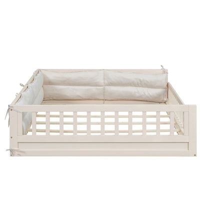HouseOfZazla wood full-size upholstered platform bed with beige pillows and guardrail on Tampa Home & Garden Store