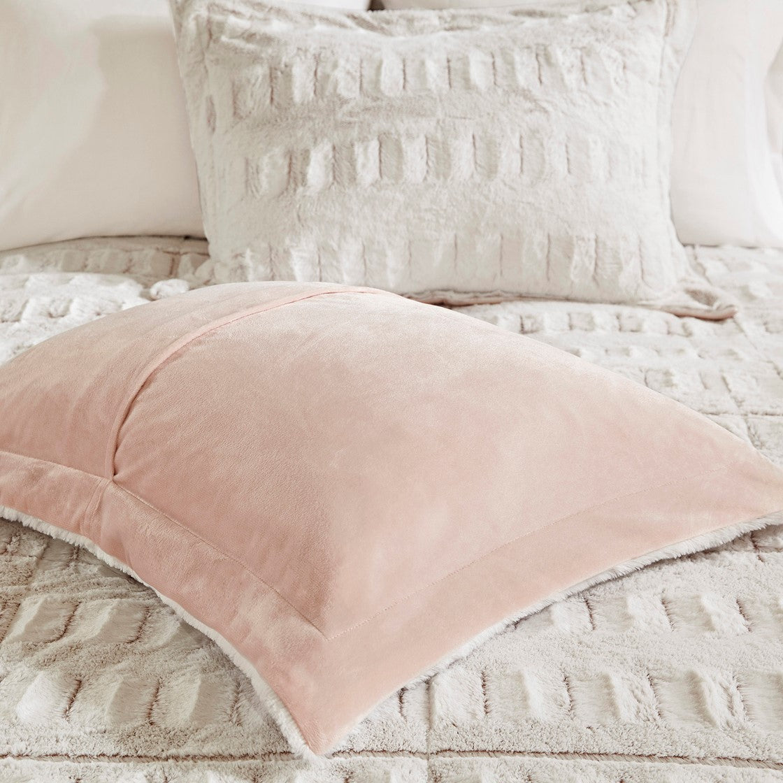King/Cal King Back Print Long Fur Comforter Mini Set pink fur on white textured bedding on Tampa Home & Garden Store