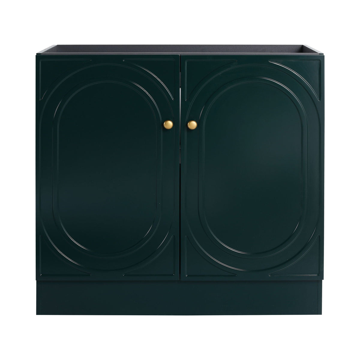Freestanding Bathroom Vanity by HouseOfZazla, dark green 2-door cabinet with gold knobs and soft close on Tampa Home & Garden Store