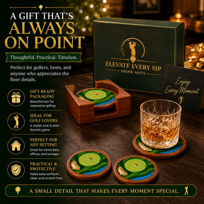 Set of Four Wooden Golf Coasters With Holder