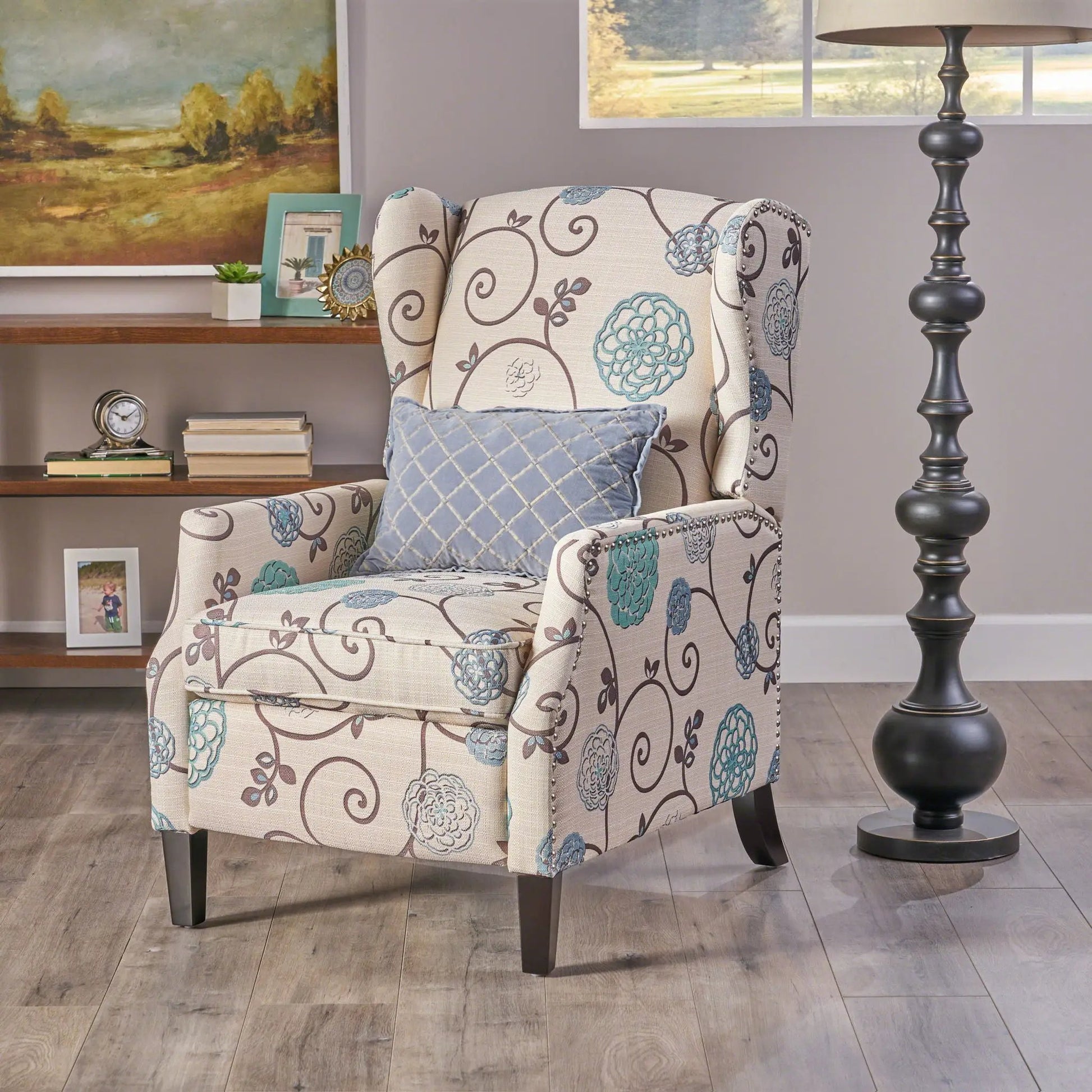 Westeros Wing Back Recliner in beige floral fabric with teal accents; dark wood legs on Tampa Home & Garden Store