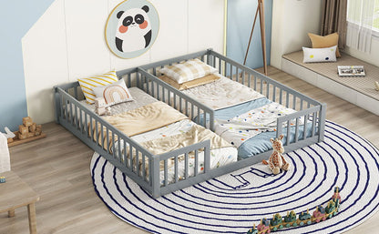 Solid Double Floor Bed With Guardrails and Fence