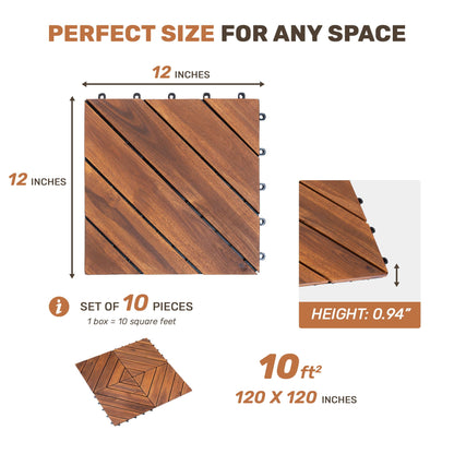 Interlocking deck tiles in warm brown diagonal pattern for outdoor spaces, 10-piece set on Tampa Home & Garden Store