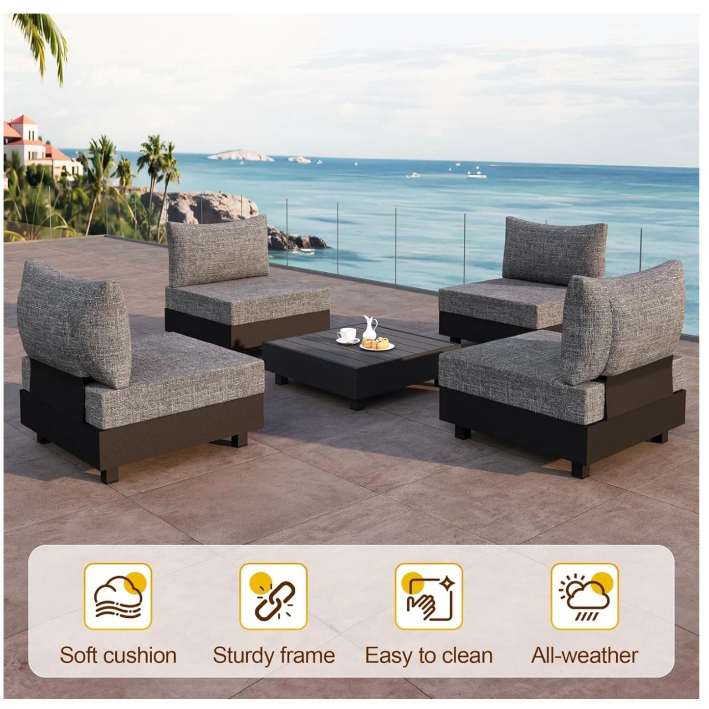 Patio sectional set 5-piece with modular armless chairs and gray coffee table by HouseOfZazla on Tampa Home & Garden Store