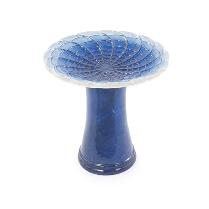 Handmade glazed ceramic bird bath with blue shell-like scale pattern on pedestal on Tampa Home & Garden Store