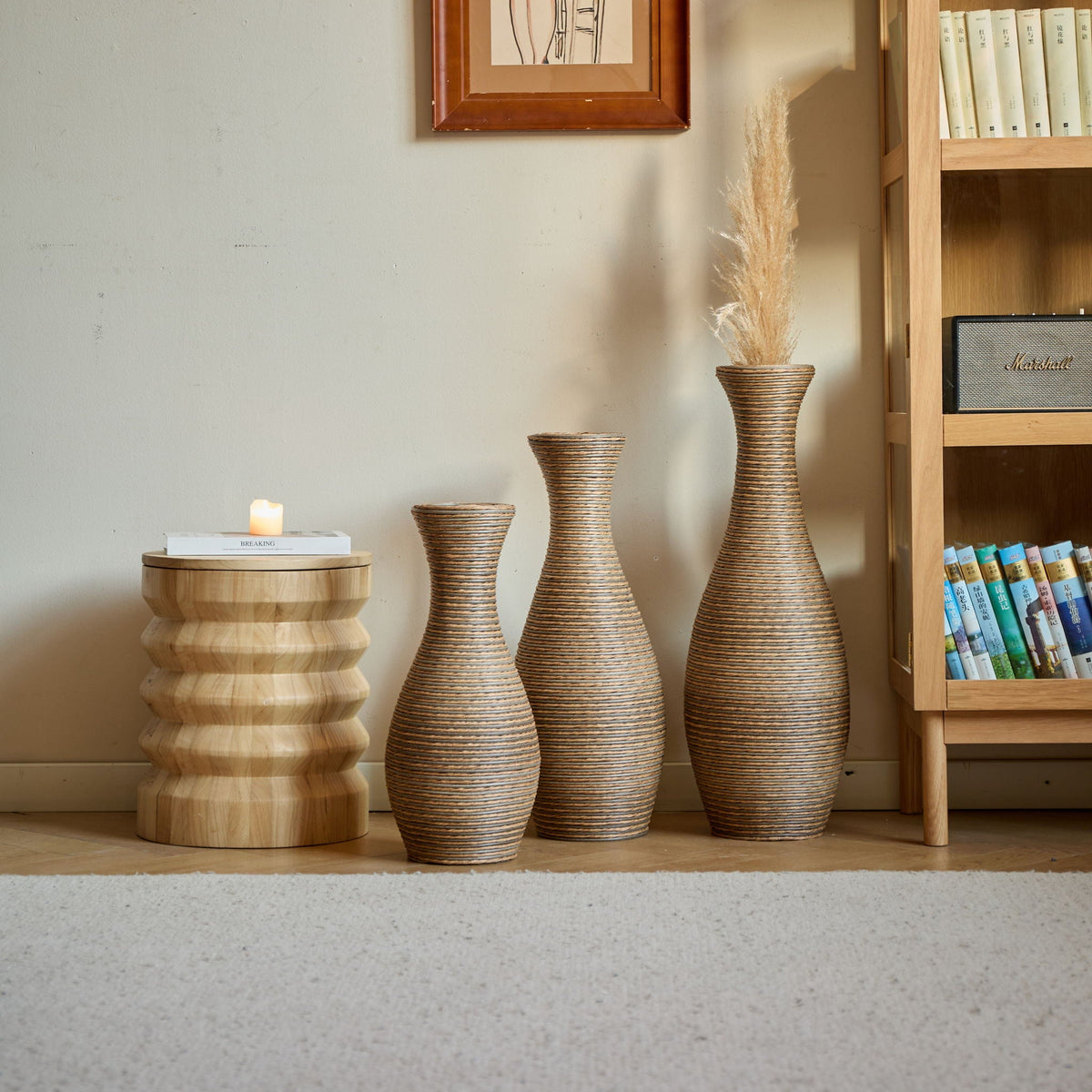 3 Piece Artificial Rattan Floor Vase Set beige in modern artistic style on Tampa Home & Garden Store