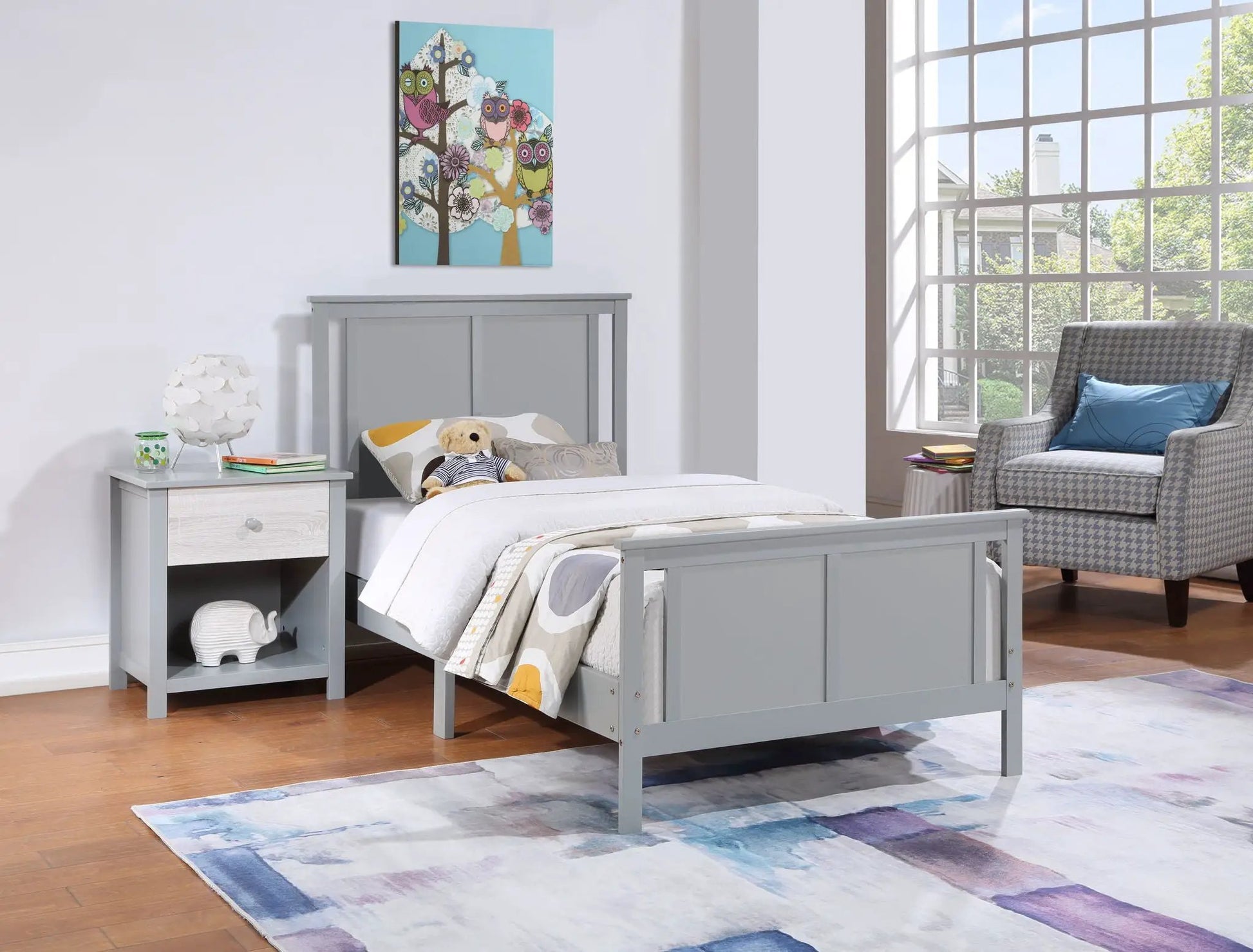 Connelly panel bed in gray-blue finish with matching nightstand by Unique Piece Furniture on Tampa Home & Garden Store