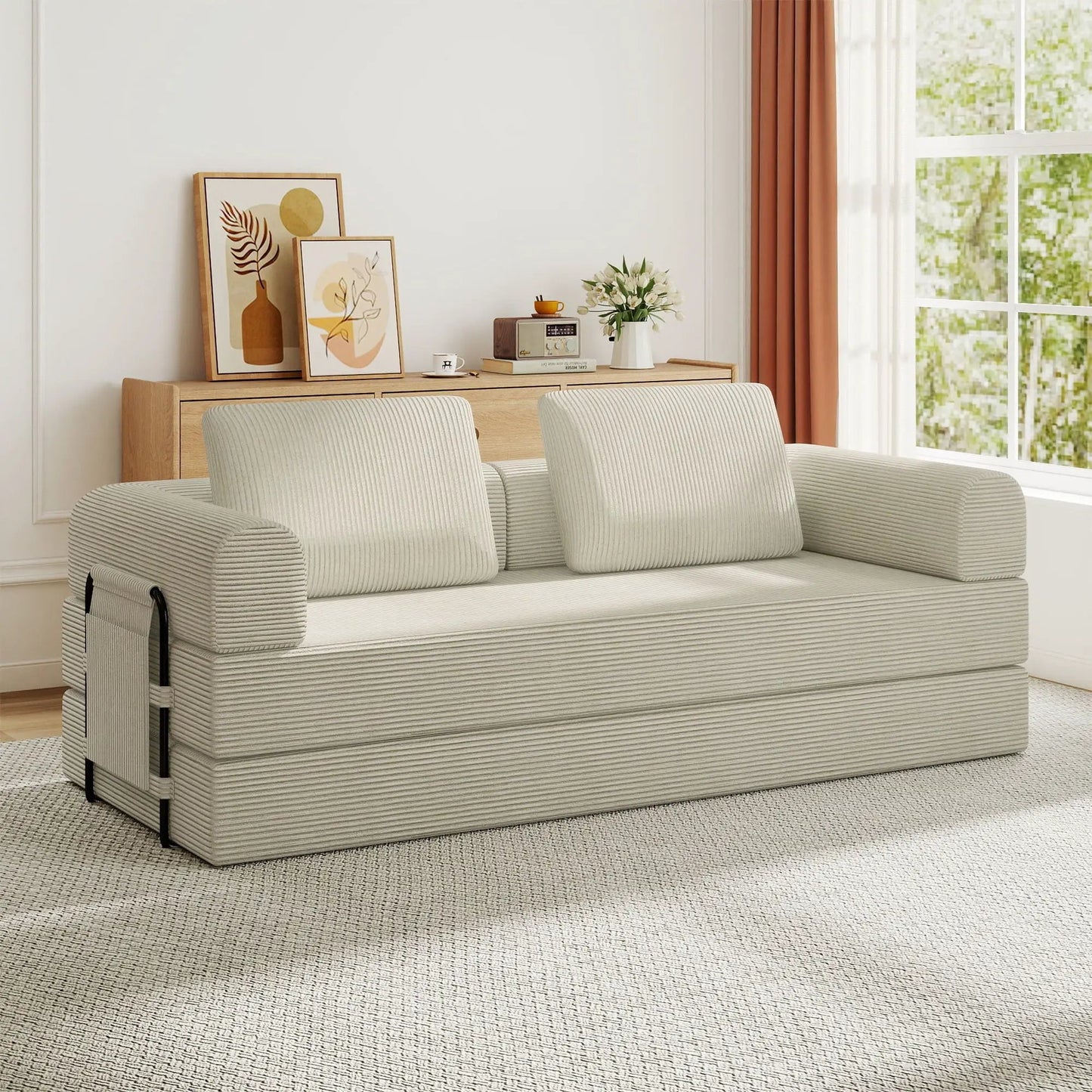 Convertible sleeper sofa bed beige striped with fixed frame by Unique Piece Furniture on Tampa Home & Garden Store