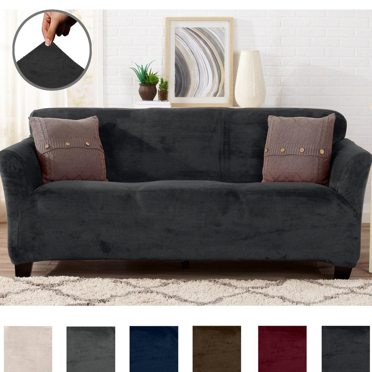 Velvet Stretch Slipcover Gale Collection by Great Bay Home on a dark gray sofa with mauve pillows on Tampa Home & Garden Store