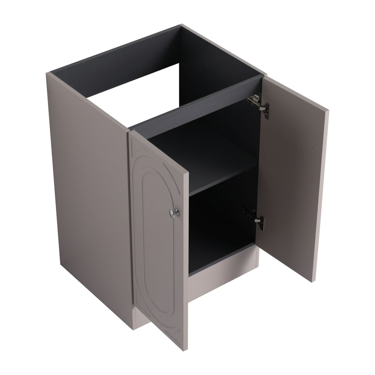 Freestanding vanity with resin sink, gray HouseOfZazla cabinet, two-door open interior on Tampa Home & Garden Store