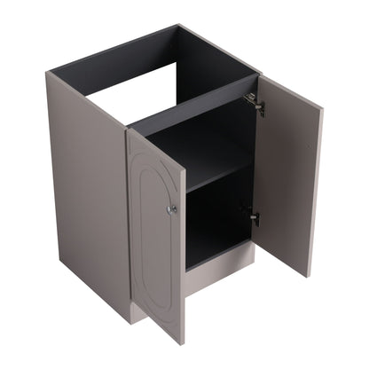 Freestanding vanity with resin sink, gray HouseOfZazla cabinet, two-door open interior on Tampa Home & Garden Store