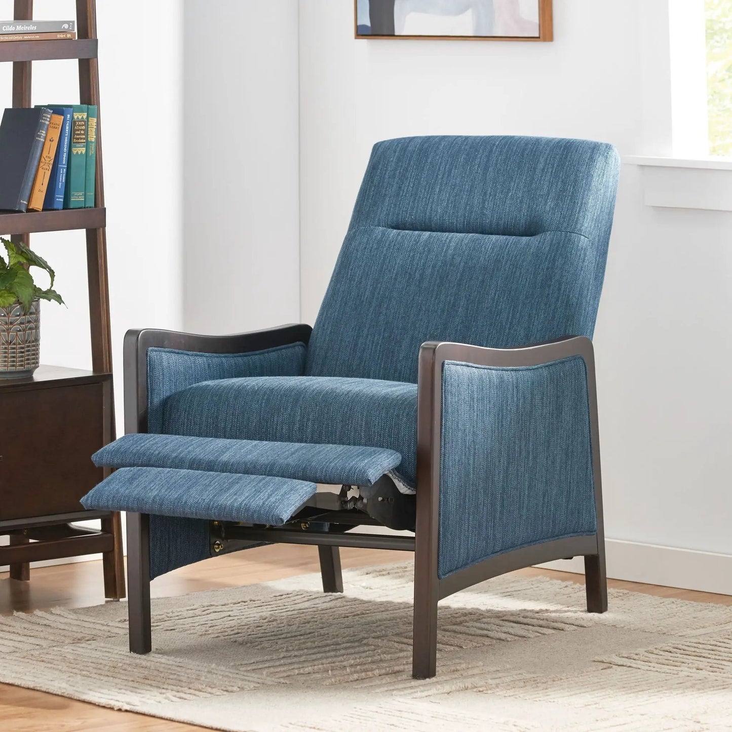 Drury blue fabric pushback recliner with dark wood frame by Unique Piece Furniture on Tampa Home & Garden Store