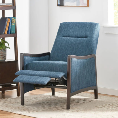 Drury blue fabric pushback recliner with dark wood frame by Unique Piece Furniture on Tampa Home & Garden Store