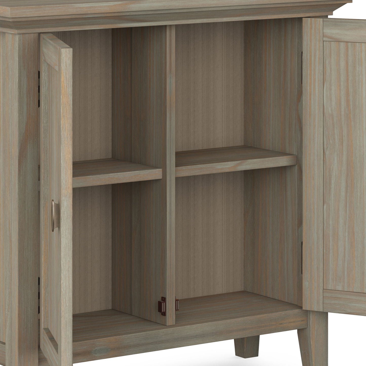 Redmond handcrafted low storage cabinet in weathered gray wood with open center shelves on Tampa Home & Garden Store