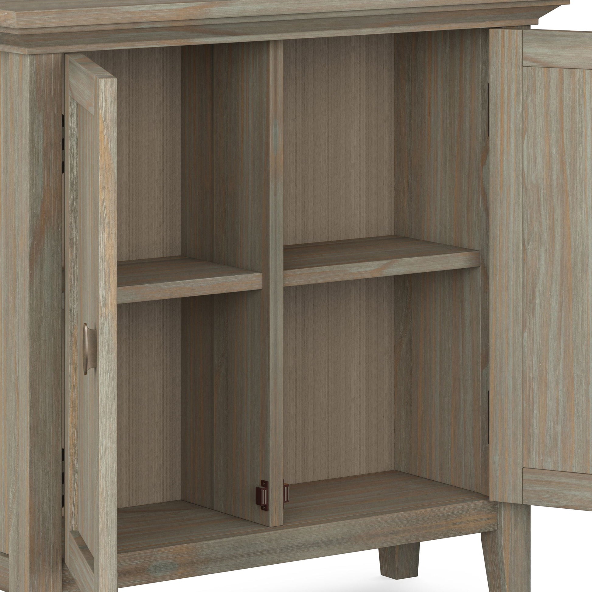 Redmond handcrafted low storage cabinet in weathered gray wood with open center shelves on Tampa Home & Garden Store